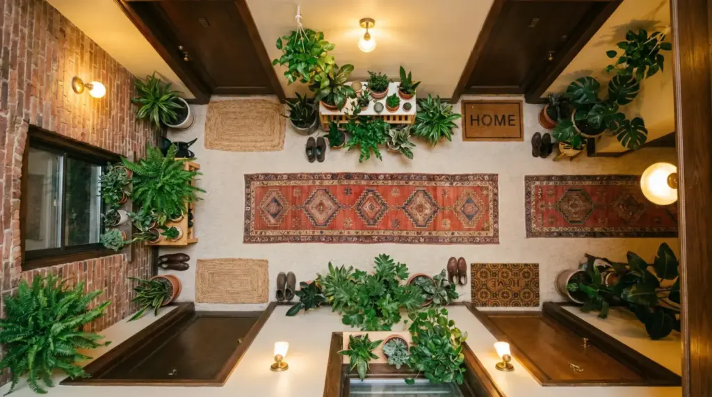 Overhead view of apartment entryways with doormats, rugs, houseplants and shoes left by the door