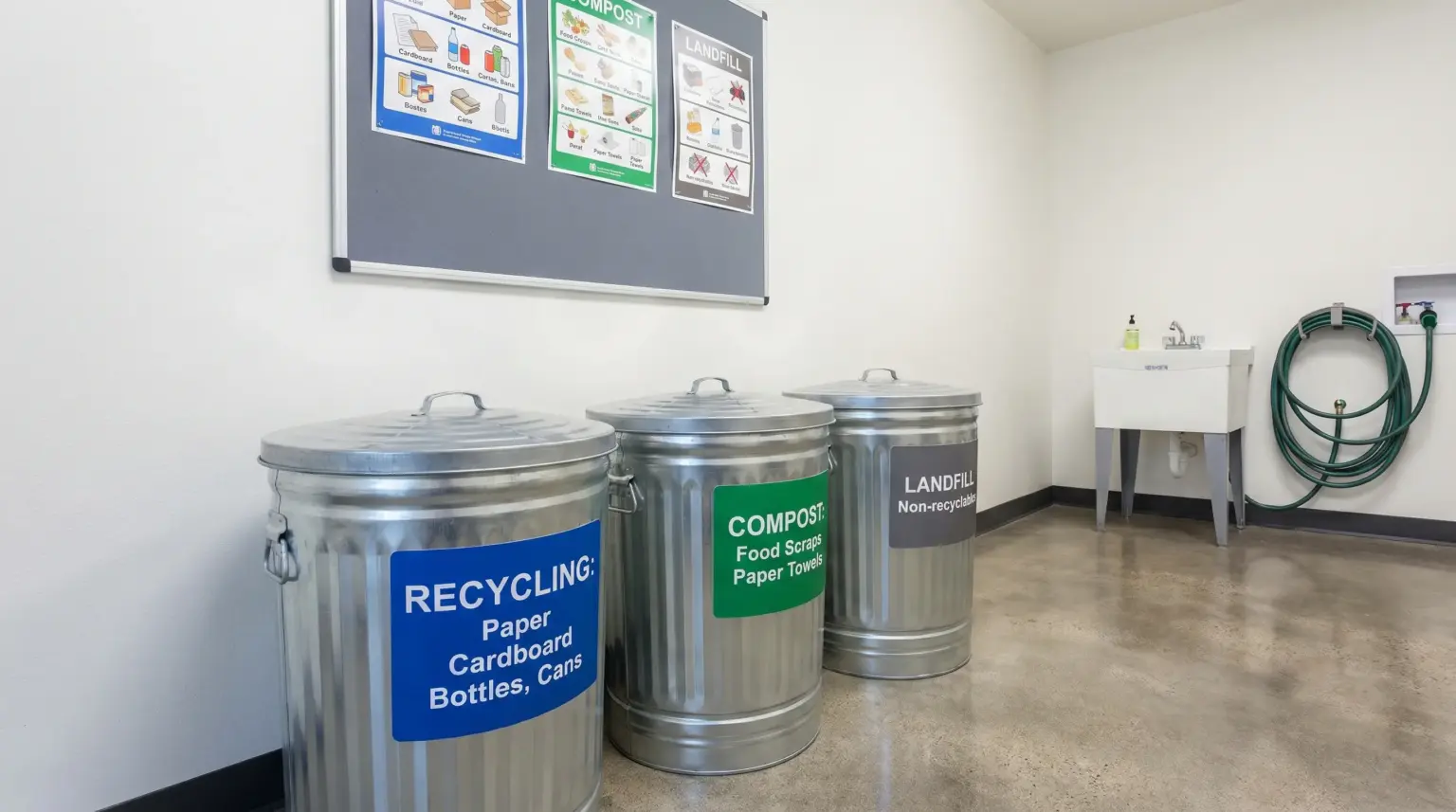 Apartment trash room with labeled recycling, compost and landfill bins under a sorting guide