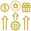 Row of yellow circular icons on a dark background representing features like global settings, analytics, rewards, calendar, and user actions.