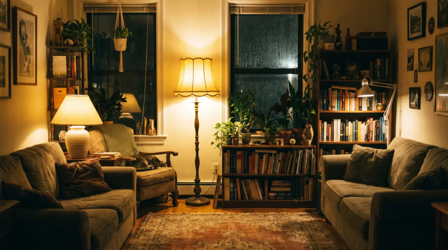Cozy living room at night with warm lamps, two beige sofas, a cat napping on an armchair, and a tall floor lamp beside a bookshelf with plants.
